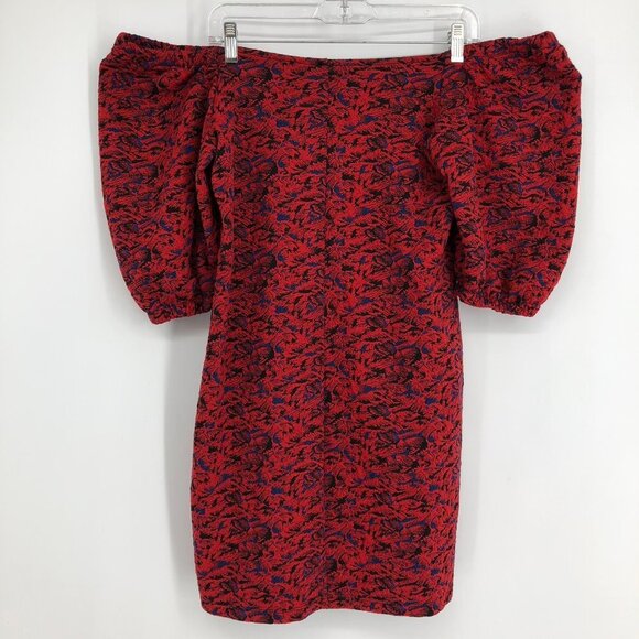 Free People red  & blue metallic Sunset puff sleeve cold shoulder mini dress L - Picture 5 of 16